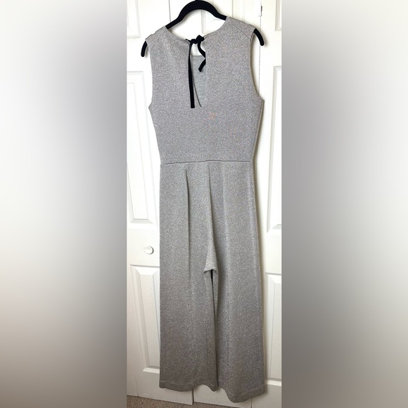 J.CREW Sleeveless Lurex Jumpsuit Silver Black Velvet Tie Back Metallic Wide Leg - Picture 11 of 16